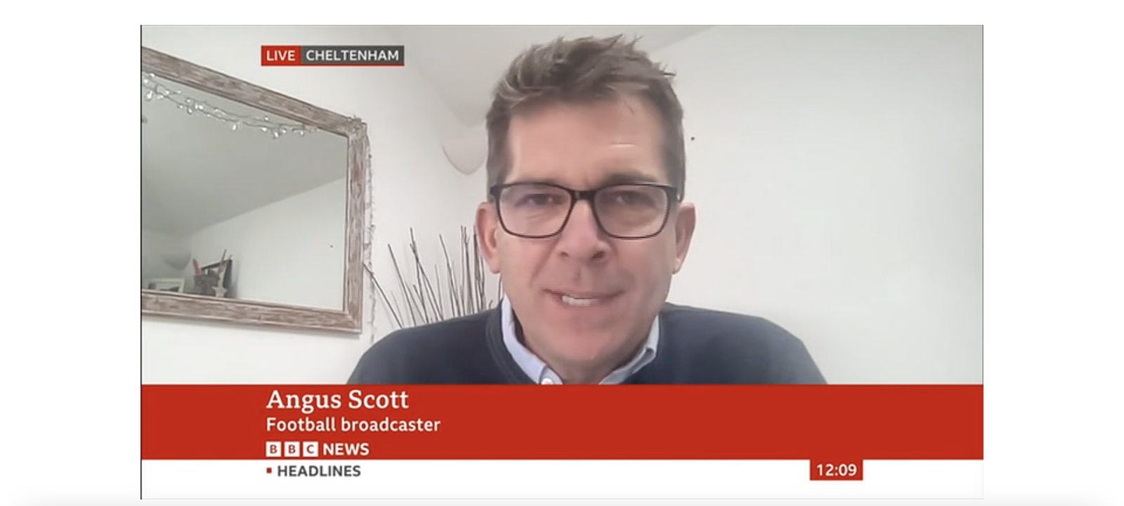 Angus Scott appearing live on BBC News as a football broadcaster