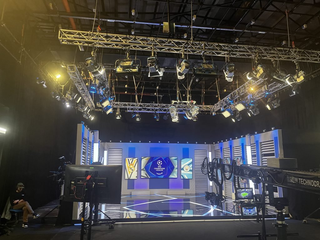 Sports television studio gantry with cameras and lighting